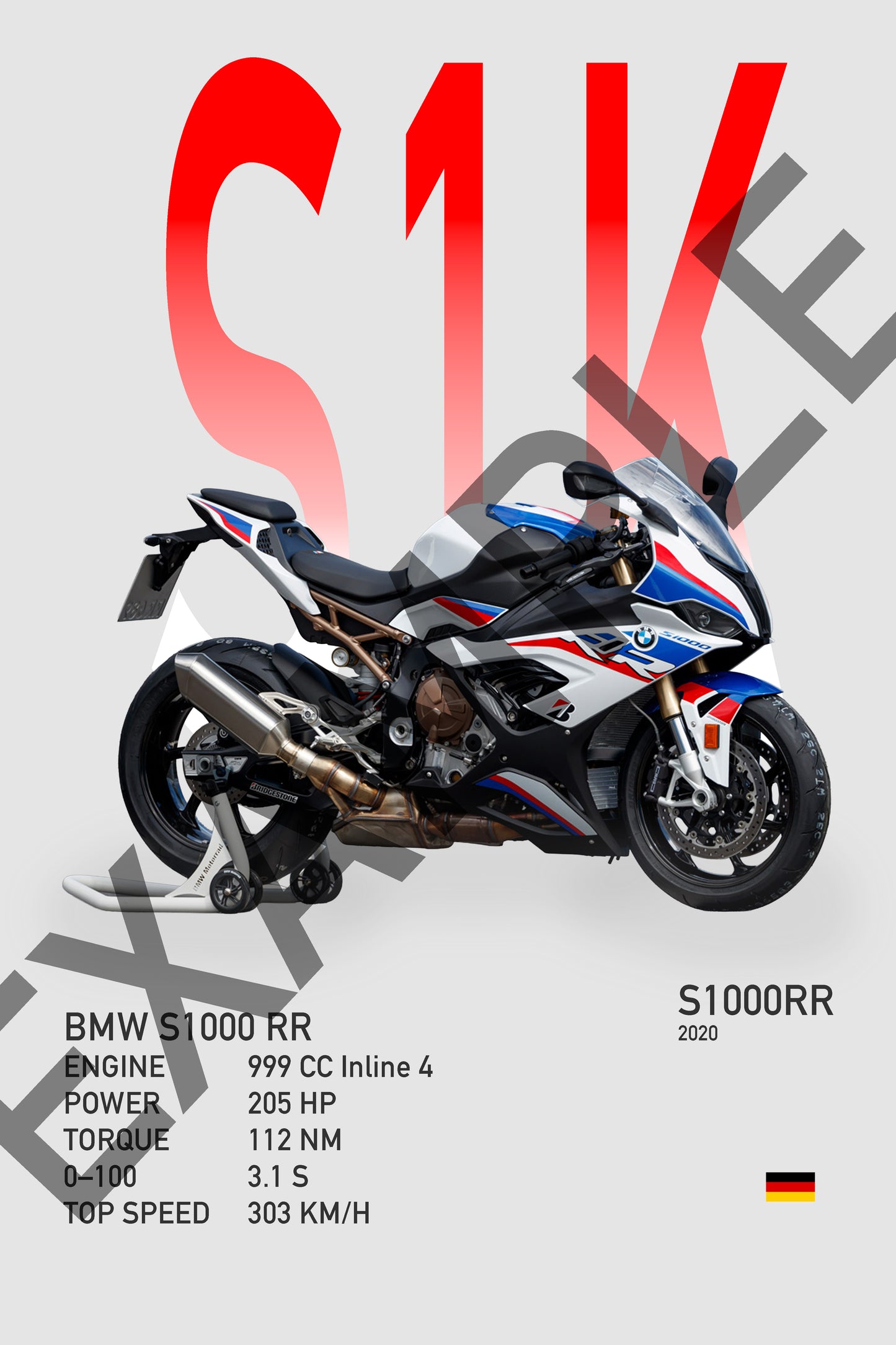 BMW S1000 RR motorcycle with specifications on a gray background