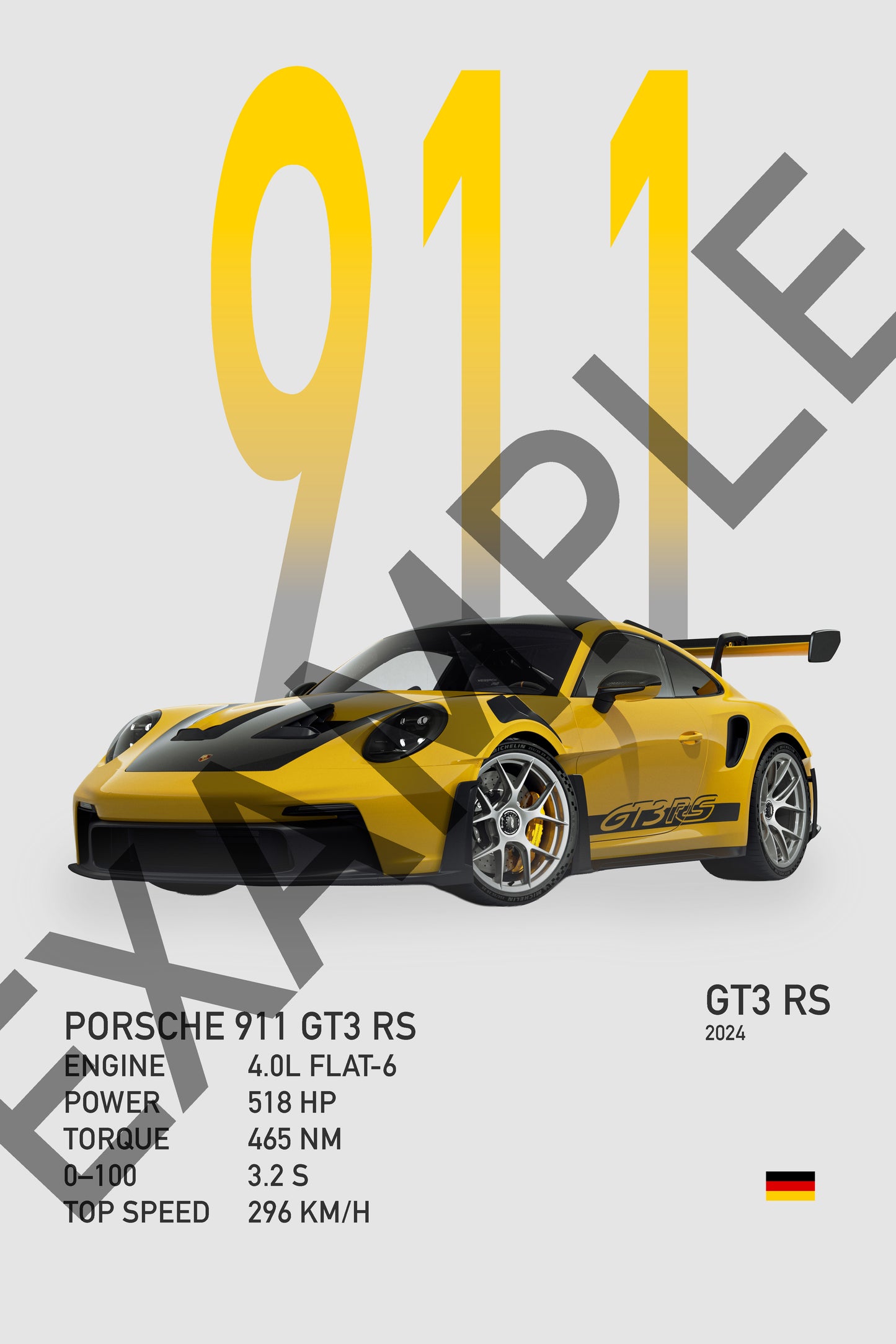 Yellow Porsche 911 GT3 RS on a gray background with '911' text.
